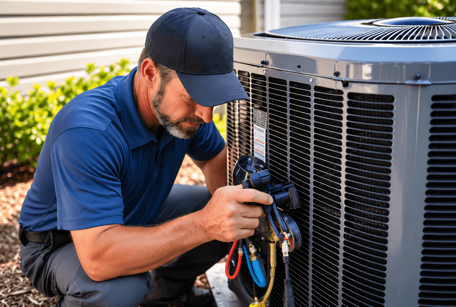 HVAC technician performing AC repair and diagnostics on an outdoor unit in Central New Jersey.