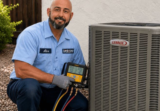 Professional HVAC technician performing air conditioner diagnostics and maintenance in Central New Jersey.